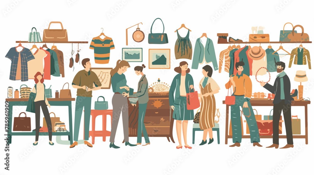 People in flea market vector illustration. Cartoon flat