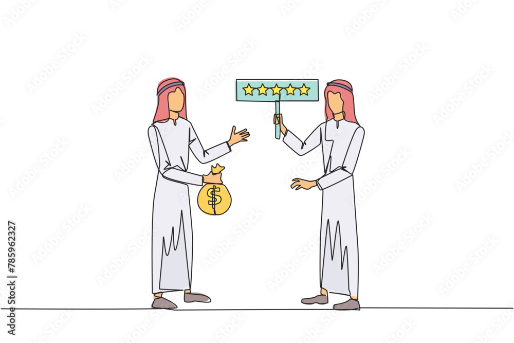 Single continuous line drawing two Arabian men standing opposite each other. One man carry money bag, the other carry rating board with 5 stars. Buy and selling reviews. One line vector illustration Single continuous line drawing two Arabian men standing opposite each other. One man carry money bag, the other carry rating board with 5 stars. Buy and selling reviews. One line vector illustration