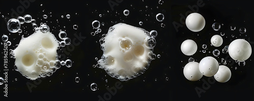 Set foam soap bubble isolated on black background top view. generative ai
