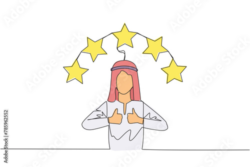Single one line drawing Arabian man giving two thumbs up, above head there are 5 stars forming semicircle. Exciting online shopping experience. Review 5 star. Continuous line graphic illustration