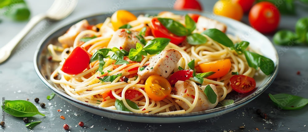 A plate of pasta with chicken, tomatoes and basil on a gray table