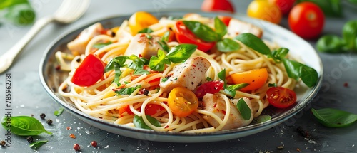 A plate of pasta with chicken  tomatoes and basil on a gray table