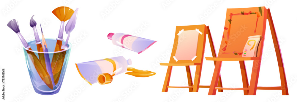Art tools for painting studio and school concept. Cartoon vector illustration set of artist equipment and stuff - wooden easel with paper for drawing, paint in tube, pencil, spatula and brush in glass - obrazy, fototapety, plakaty 