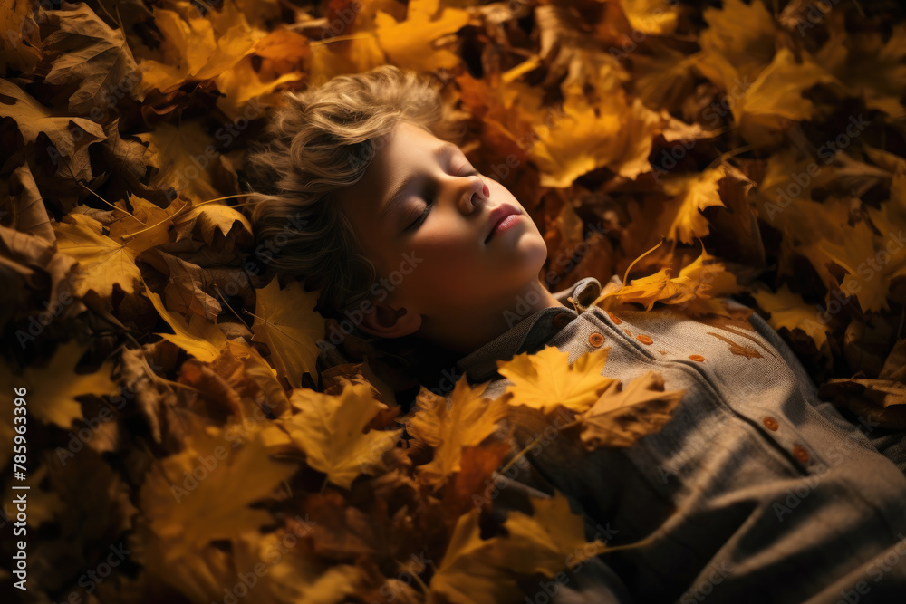 Serene Child Relaxing in Autumn Leaves Serene Child Relaxing in Autumn Leaves