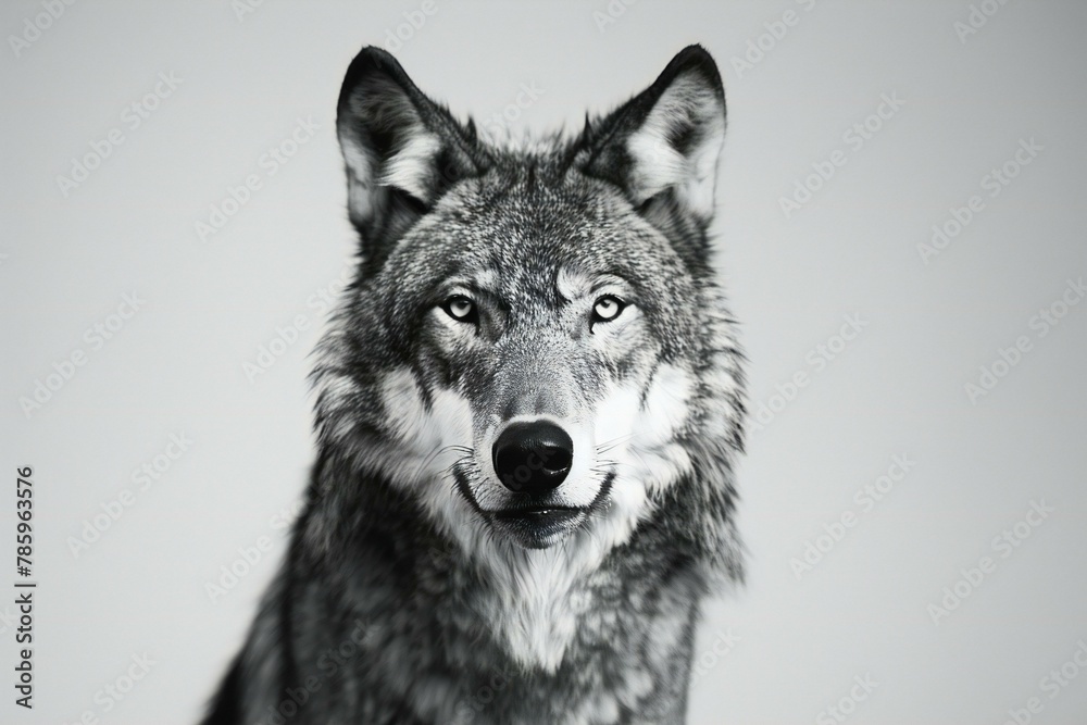 Portrait of grey wolf (Canis lupus) on gray background