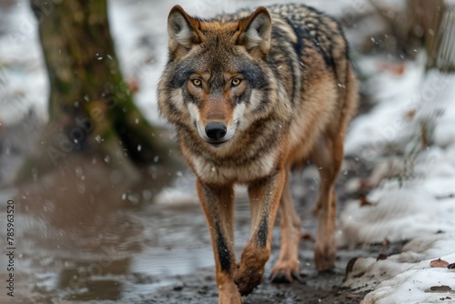 Gray wolf  Canis lupus  in the winter forest