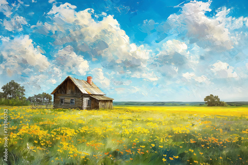 Oil painting of a wooden house on a summer rural field, an idea for home wall decor © kazakova0684