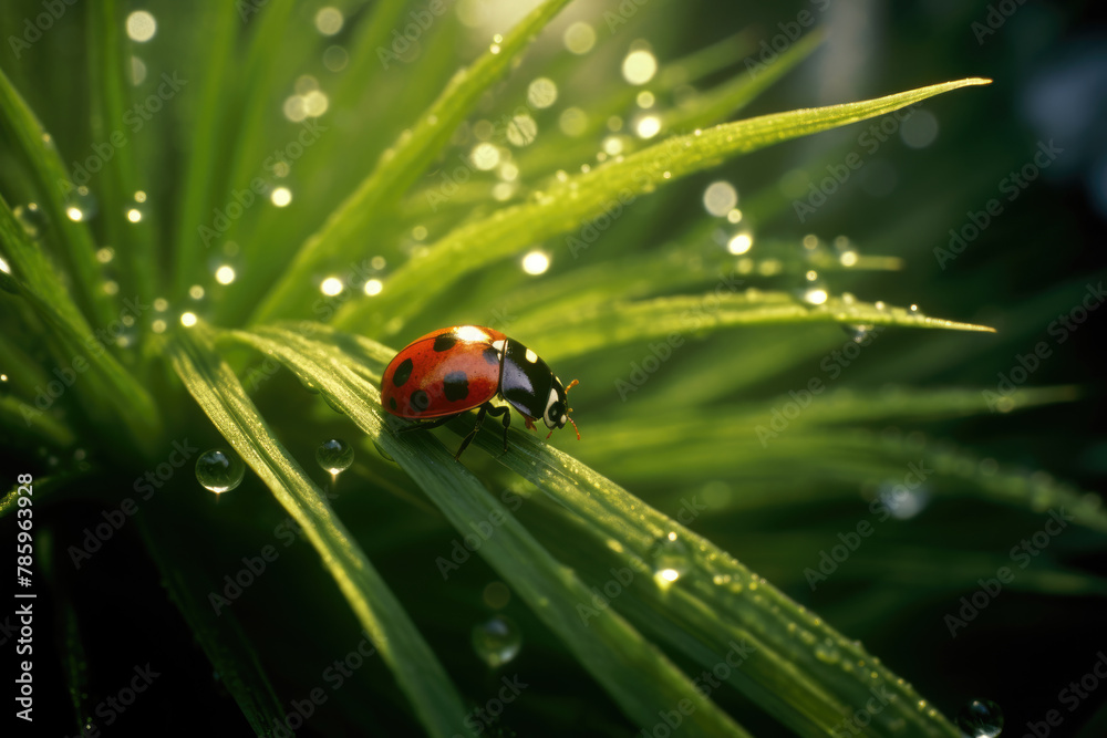 Dewy Morning with Ladybug on Green Grass Blades Dewy Morning with Ladybug on Green Grass Blades