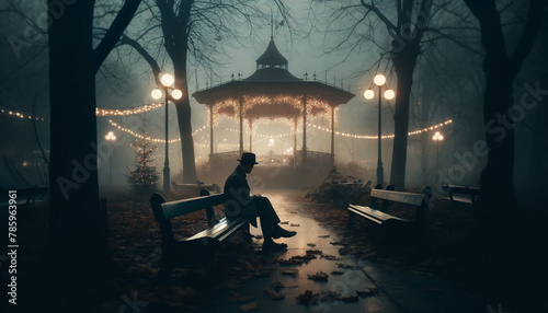 A moody and atmospheric image of a person sitting alone on a park bench. The setting is an evening park scene enveloped in mist