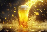 Beer splashing out of a glass with gold bokeh background