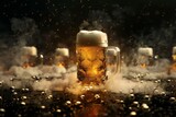 Mug of beer with foam on dark background with bokeh effect