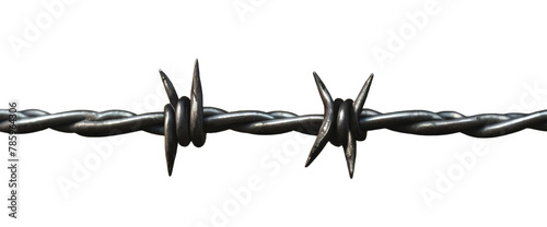 A piece of stretched barbed wire with two spikes on a white and transparent background. PNG.