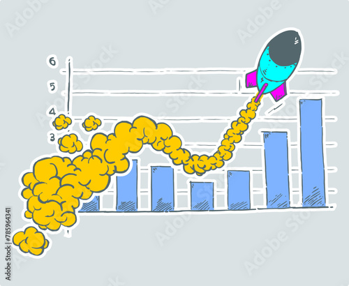 A rocket with yellow smoke lift up on a statistics bar graph. Uptrend of statistical bar graph concept, hand drawing, cartoon style.