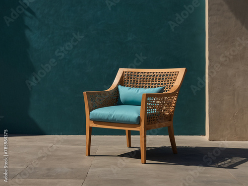 Stylish Outdoor Wooden Armchair with Teal Wall and Natural Lighting