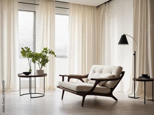 Contemporary Elegance, Large White Light Filtering Curtains with Modern Armchair © Saktanong