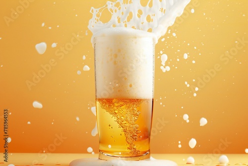 Pouring beer into glass with splashes on orange background, closeup