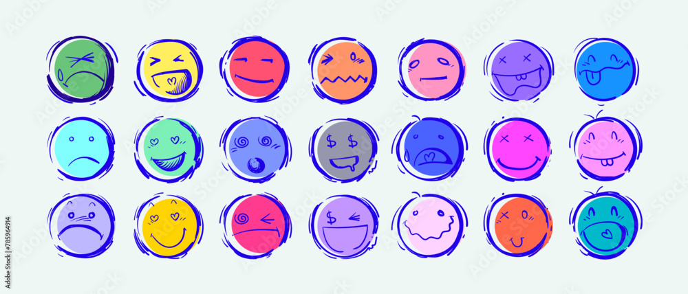 Emoji faces icon hand drawn set vector illustration. Doodle line art sign emoticon design. Emoji faces icon hand drawn set vector illustration. Doodle line art sign emoticon design.