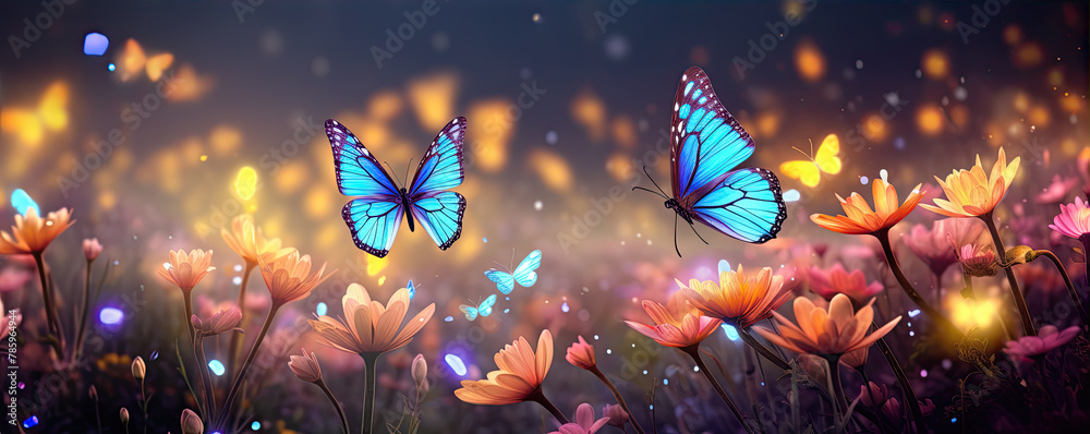 Fototapeta premium Mystical butterfly meadow in purple orange colors.. Butterfly flying over flowers