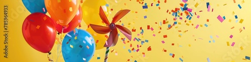Playful pinwheels spinning in the breeze, surrounded by colorful balloons and confetti, against a sunny yellow background, capturing the carefree joy of a birthday celebration in full swing.