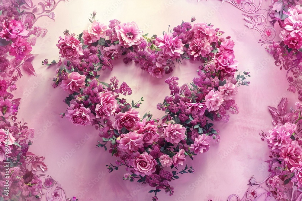 Beautiful pink roses in a heart shape on a pink background