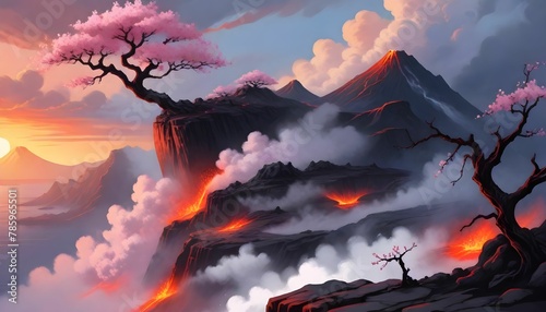 A cherry blossom tree on the edge of cliff with a volcanic landscape below, featuring flowing lava, smoke, and clouds photo