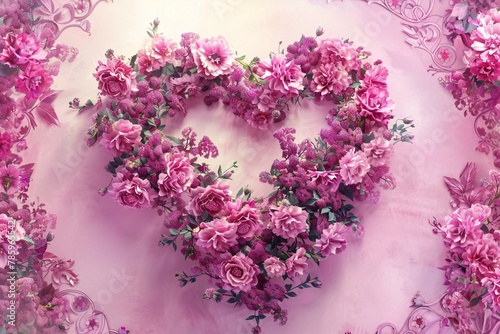 Beautiful pink roses in a heart shape on a pink background