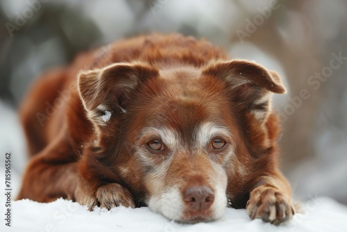 Portrait of a red dog lying on the snow in the forest © Nguyen