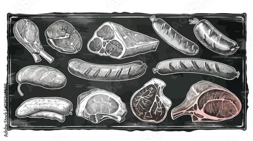 Retro meat chalk icons on chalkboard set. Steak pork