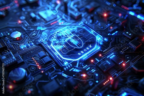 a cyber-themed image featuring a prominent, holographic security shield symbol