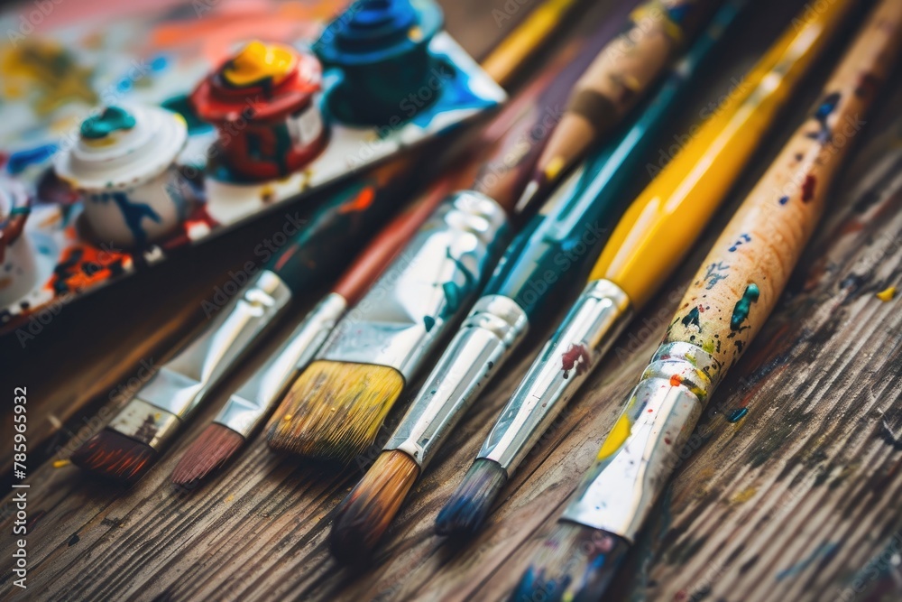 Fototapeta premium Paint brushes and palette of oil paints on a wooden table