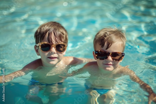 Sunny Day Pool Fun with Two Cheerful Kids in Sunglasses. International Children's Day