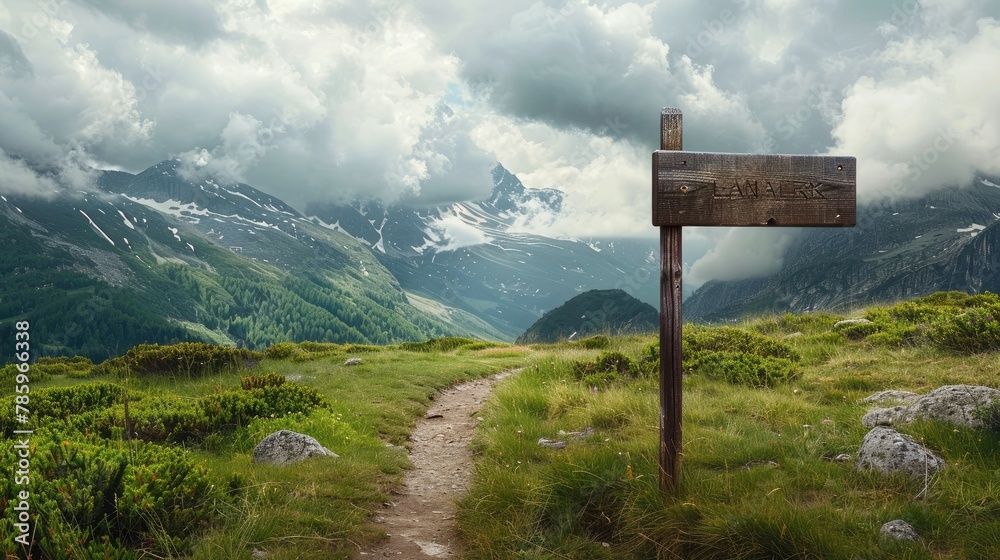 Wooden sign post isolated on village path with white clouds and mountain Direction concept. Mock up, template, Generative Ai