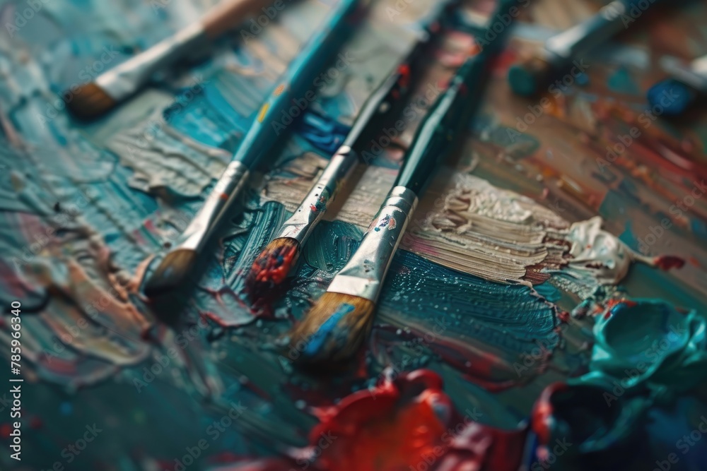 Paint brushes and palette of oil paints on a wooden table