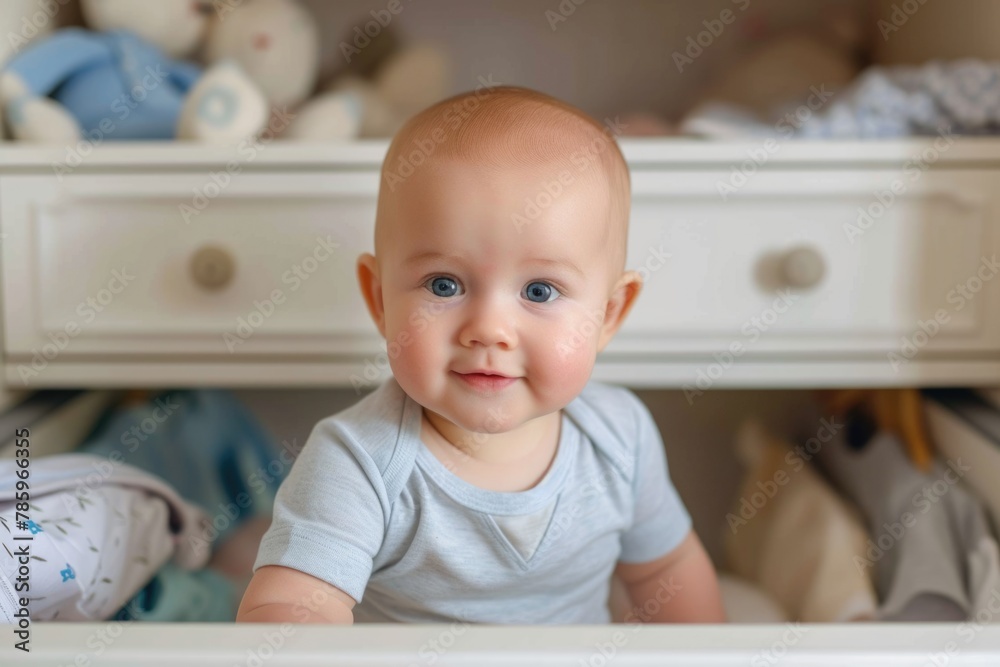 Adorable Baby Boy with Wide Eyes Sitting in a Clothes Drawer. International Children's Day