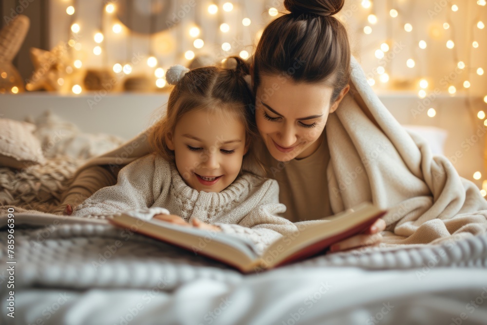 Cozy Mother and Daughter Reading Together in Warm Lit Room Cozy Mother and Daughter Reading Together in Warm Lit Room
