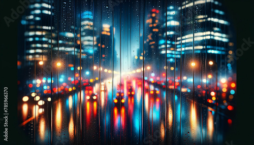 A raindrops streaming down a windowpane against a backdrop of a bustling city at night