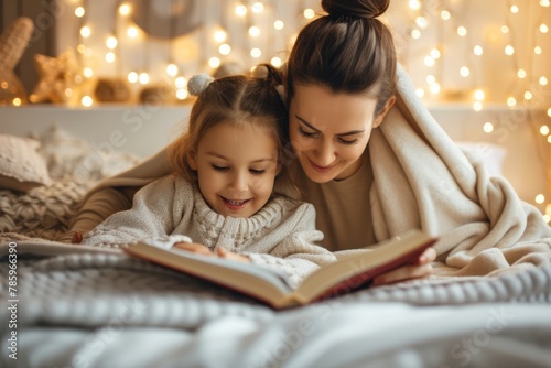 Cozy Mother and Daughter Reading Together in Warm Lit Room