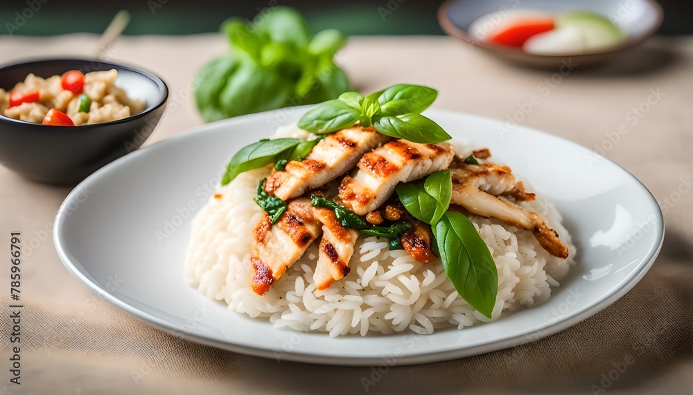 Cooked rice with stir-fried sliced chicken breast and basil. Thai food
Cooked rice with stir-fried sliced chicken breast and basil. Thai food