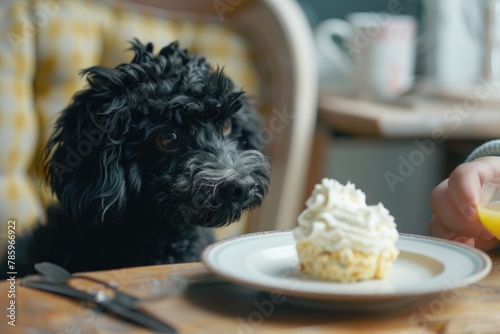 Black dog eyeing cream cake on a plate.