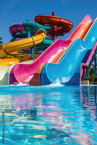 Close-up view of colorful water slides with splashing water