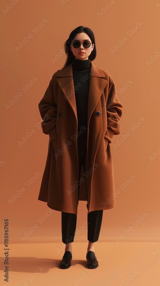 Obraz premium Young female wearing brown long coat, black t shirt and black sunglasses