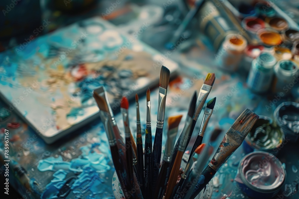 Obraz premium Paint brushes and palette of oil paints on a wooden table