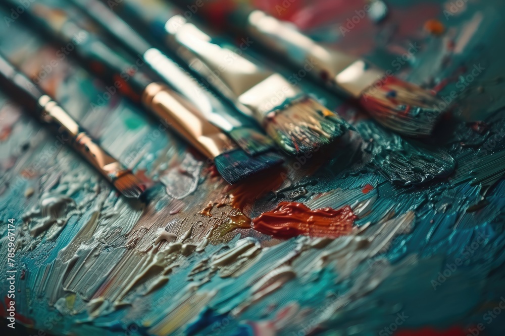 Fototapeta premium Paint brushes and palette of oil paints on a wooden table