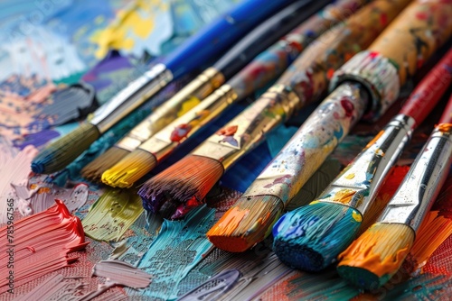 Paint brushes and palette of oil paints on a wooden table