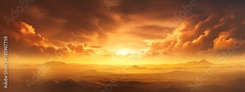 Yellow clouds and sky at sunset for dramatic concept background. Beautiful ultra wide panoramic view.