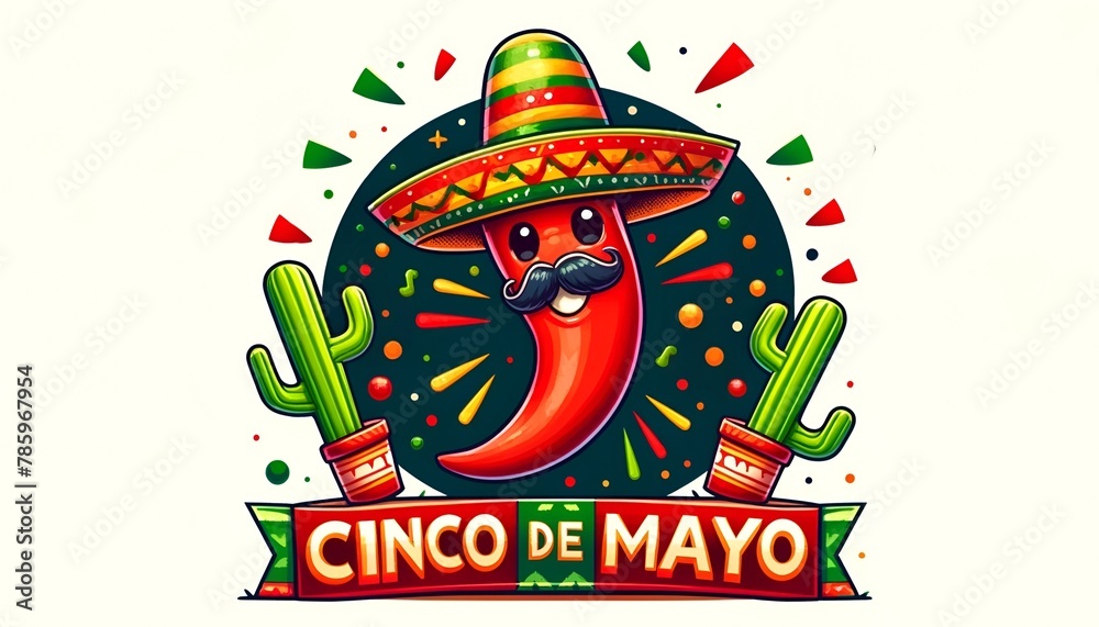 Cinco de mayo illustration  with a cheerful chili pepper character.