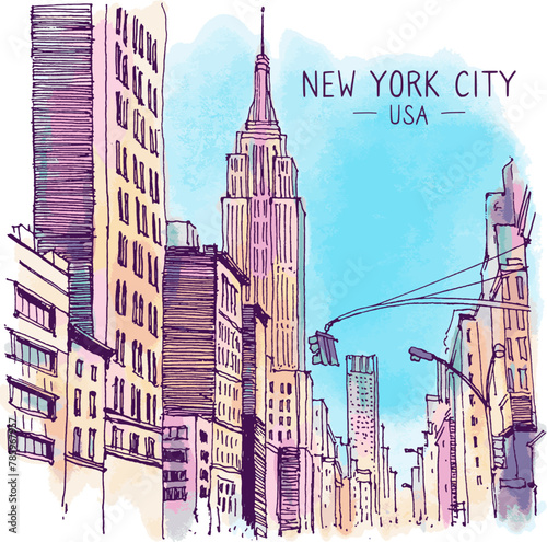Architecture sketch illustration. Travel sketch of New York, USA.  Freehand drawing. Landscape colorful big city downtown. Watercolor Digital Drawing of the street. Skyscrapers American City. Vector