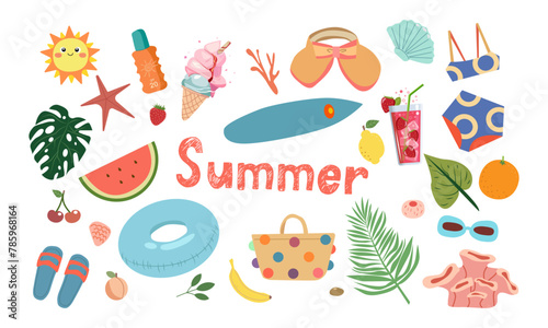Set of cute summer icons: food, drinks, palm leaves, fruits and summer fashion . Bright summertime poster. Collection of scrapbooking elements for beach party.