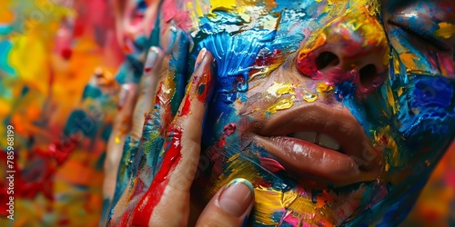 A woman's face is painted with bright colors