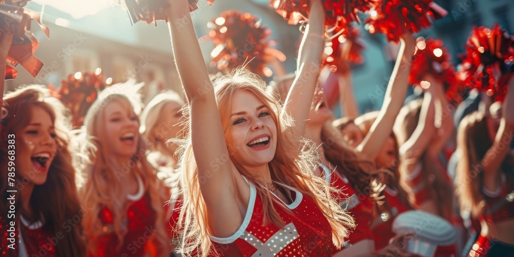 Obraz premium A group of cheerleaders are standing in a row, all wearing red uniforms